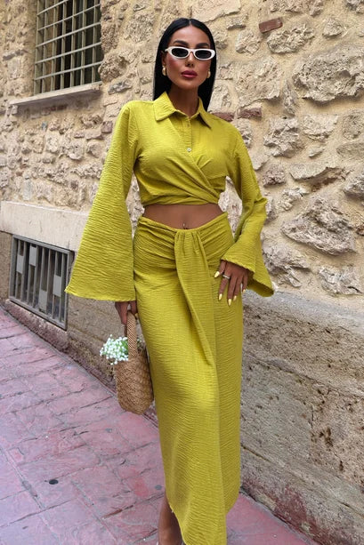 Olympe Linen Crop Shirt & Draped Maxi Skirt Set