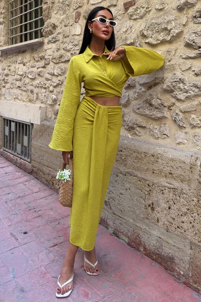 Olympe Linen Crop Shirt & Draped Maxi Skirt Set