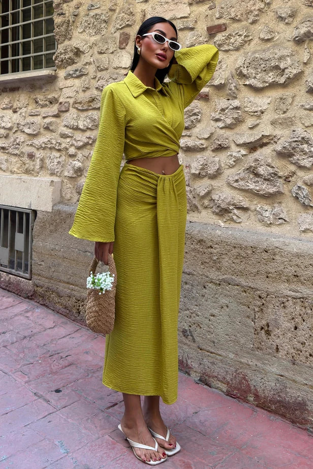 Olympe Linen Crop Shirt & Draped Maxi Skirt Set
