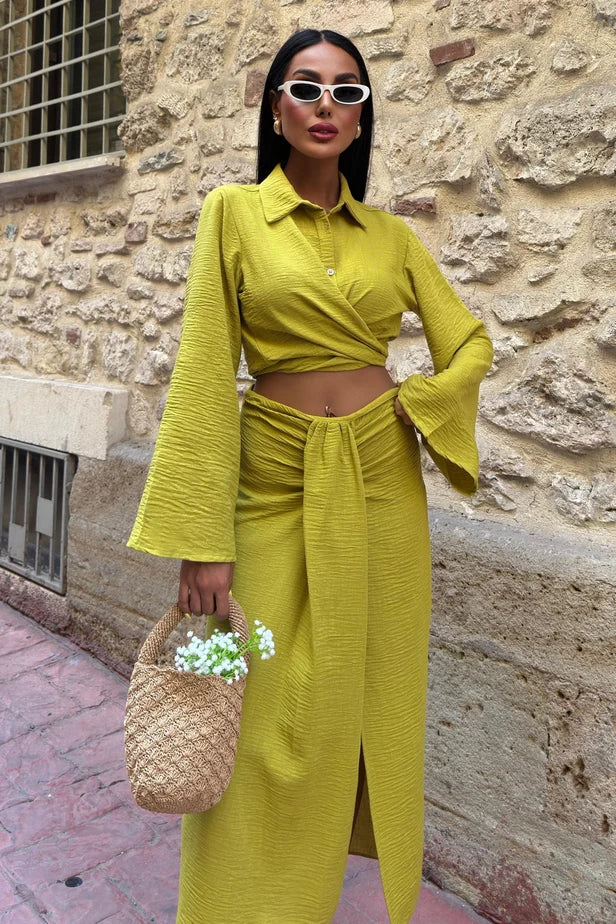 Olympe Linen Crop Shirt & Draped Maxi Skirt Set