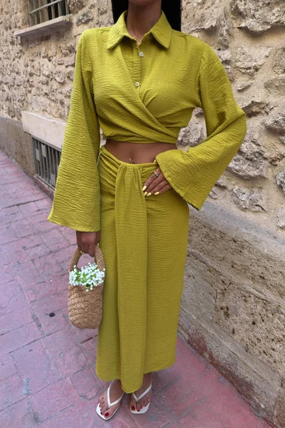 Olympe Linen Crop Shirt & Draped Maxi Skirt Set