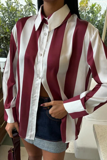 Élise Striped Satin Long-Sleeve Shirt
