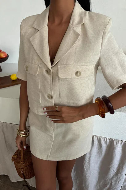Jacqueline Tailored Short-Sleeve Blazer & Mini Skirt Suit