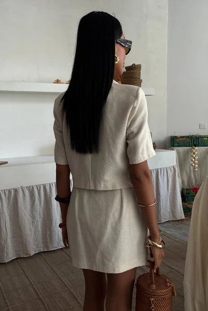 Jacqueline Tailored Short-Sleeve Blazer & Mini Skirt Suit