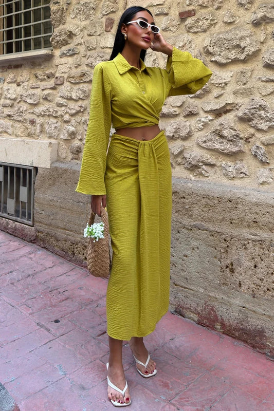 Olympe Linen Crop Shirt & Draped Maxi Skirt Set