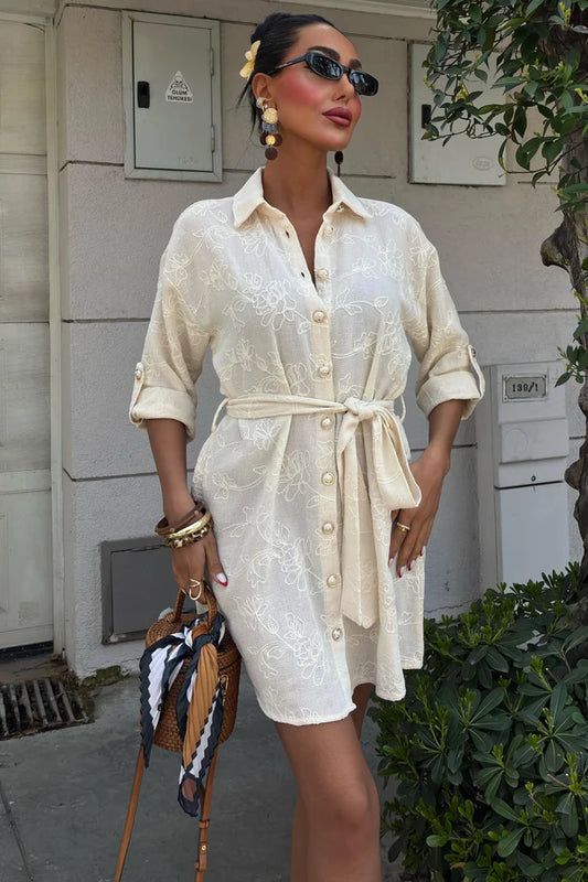 Suzene Embroidered Dress with Gold Button Detailing